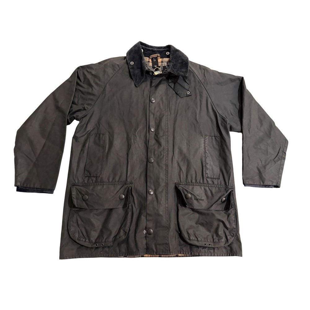 Barbour Waxed Jacket Mens Large Black Bedale Beaufort Tartan Lining